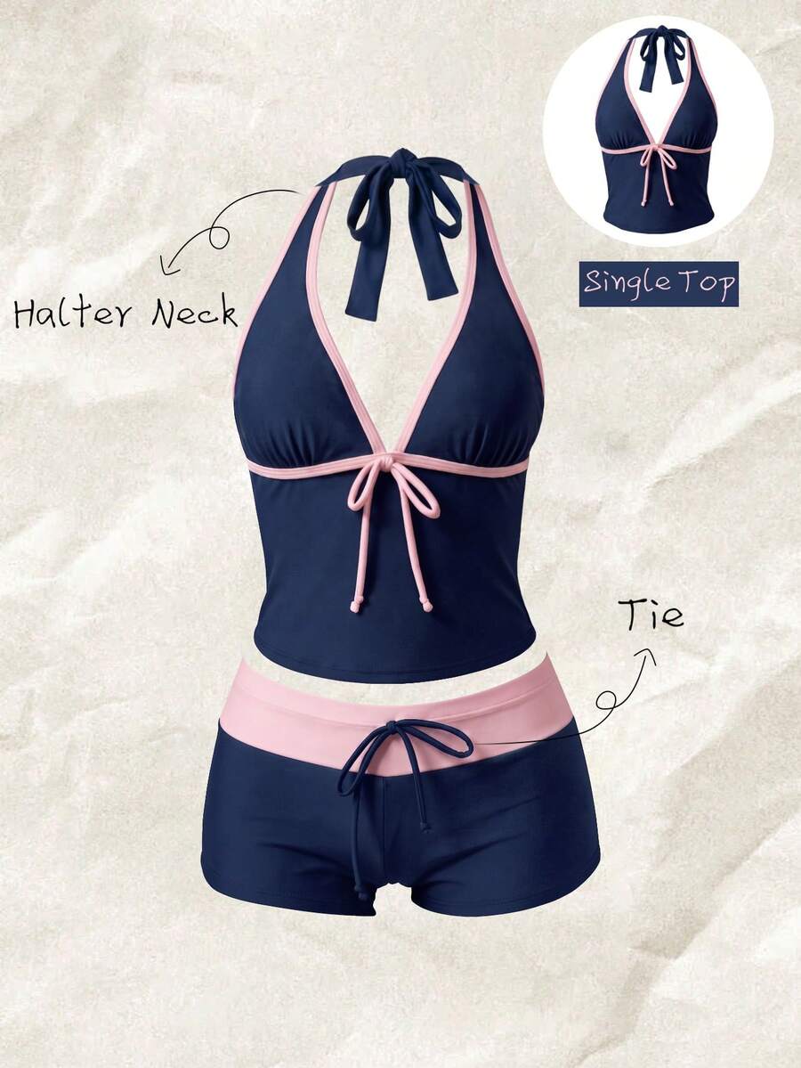 Elavelle Top de bikini de tirantes finos con lazo y estampado aleatorio para mujer, primavera/verano - Multicolor - Ver 1
