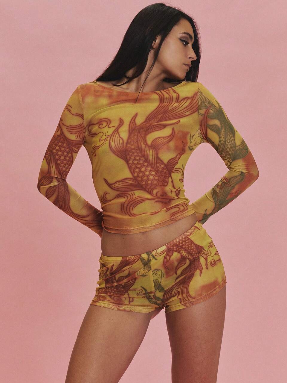 Orange Graphic Koi Fish Printed Mesh Long Sleeve Top Mini Short Set