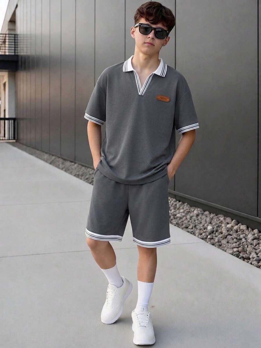 Casuvi Kids 2件組青少年男孩休閒 Polo 衫與短褲套裝 - 深灰色 - 查看 1