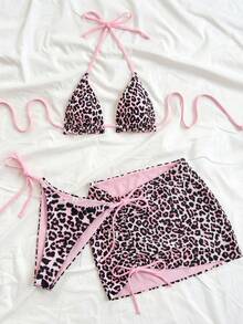 Soleia Plus Size Women Leopard Print Contrast Red Bikini 3 Pieces Set Plus Size Bathing Suits Women - Pink - View 4
