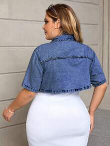 SHEIN ICON Plus Size Women's Single-Breasted Casual Versatile Everyday Denim Top - Dark Wash - View 2