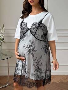 Dazy Maternity White Round Neck Short Sleeve T-Shirt Dress With Lace Strap 2 In 1 Loose Fit Maternity Dress For Spring And Summer Cute Tops - Black and White - View 3