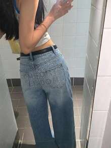 DAZY Atasan Jeans Kasual Gaya Korea Longgar Berhiaskan Rhinestone untuk Wanita - Biru - View 2