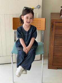 DAZY Set Denim Kasual Gaya Korea Leher Bulat untuk Bayi/Balita (Perempuan) - Medium Wash - View 5