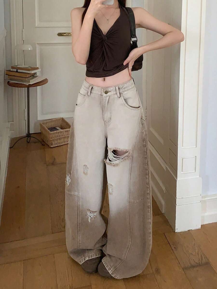 DAZY Atasan Wanita Model Jeans Longgar Gaya Jalanan Korea dengan Detail Sobek dan Motif Lucu - Coffee Brown - View 1
