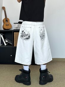 STEELVANCE 男士街頭風復古時尚百搭刺繡寬腿休閒牛仔短褲（不含腰帶與配件） - 白色 - 查看 6