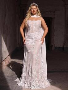 Glamrae Plus Size Elegant Classy Stretchy Lace Ruched Strapless Mermaid Dress Detachable Flounce Wedding Dinner Evening Formal Bachelorette Pink Winter - White - View 6