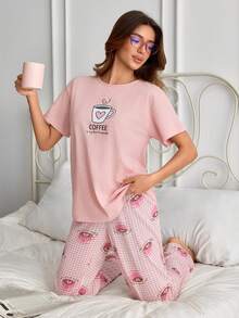 SHEIN 女款棉質印花圓領短袖上衣高腰舒適長褲 2 件組睡衣套裝居家睡眠用 熱粉色 粉色與白色 夏季 - 粉色 - 查看 4