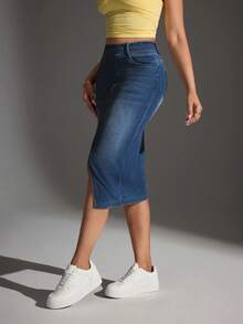 Flexra Women's Fashion Versatile Denim Skirt With Pockets And Front Slit - Dark Wash - View 4