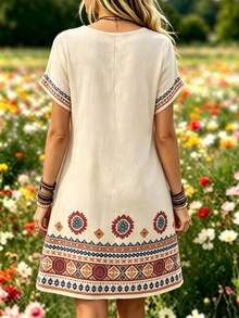 Selamara Notched V-Neck Short Sleeve Waist-Cinching Long Dress For Women - Apricot - View 2