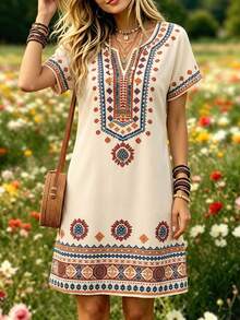 Selamara Notched V-Neck Short Sleeve Waist-Cinching Long Dress For Women - Apricot - View 3