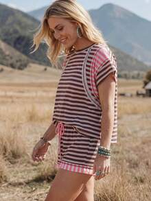 Wildy BOHO Casual Western Country Striped Colorblock Patchwork Women's Summer Daily Basic Outfit Pocket T-Shirt And Shorts 2-Piece Set - Multicolor - View 7