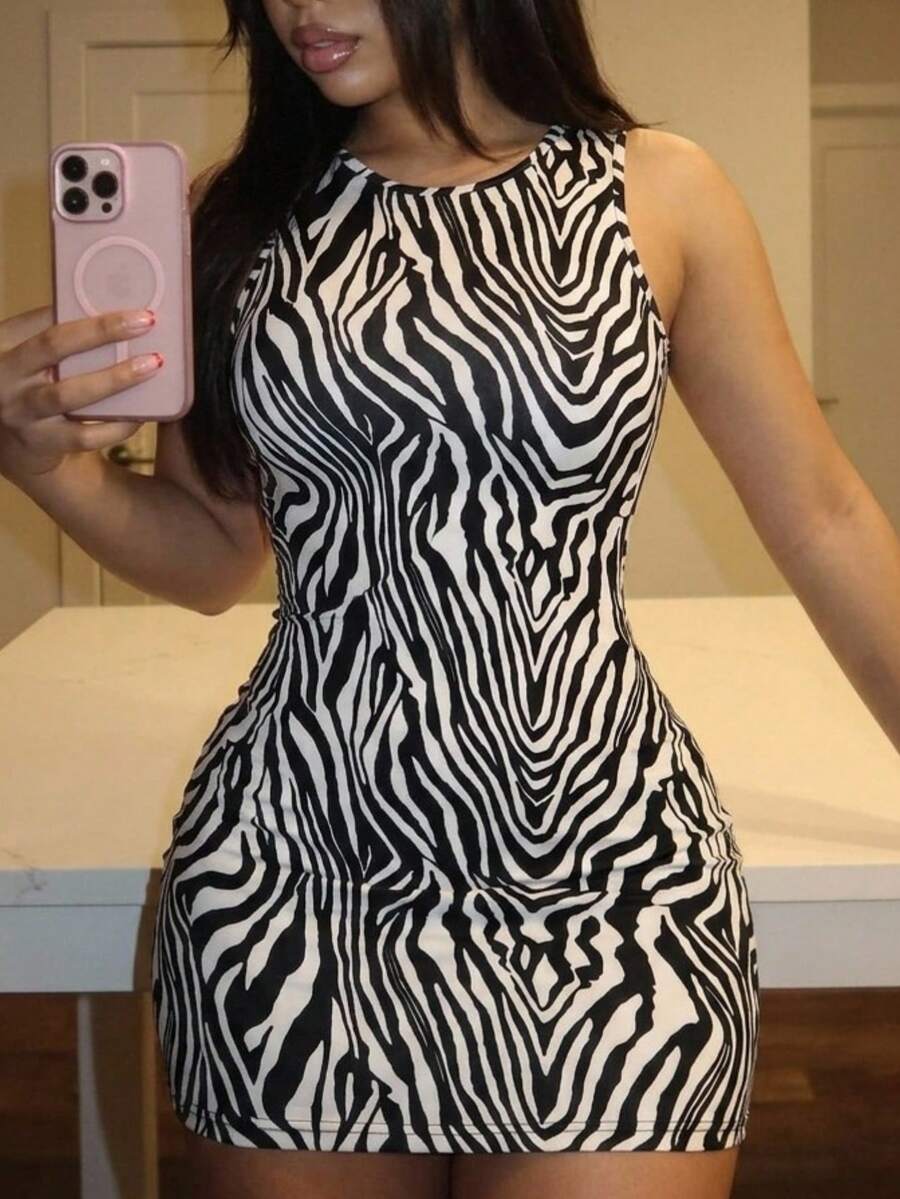 SHEIN SXY 女士無袖圓領斑馬紋緊身優雅時尚迷人洋裝