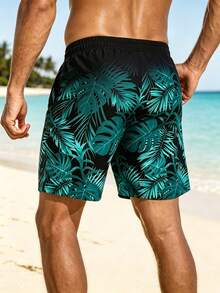 Manfinity KASUA Men's Tropical Plant Print Drawstring Waist Beach Shorts - Green - View 2