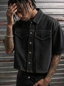 AXEPEAK Men's Single-Breasted Casual Versatile Daily Denim Jacket - Black - View 1