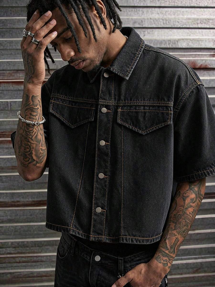 AXEPEAK Men's Single-Breasted Casual Versatile Daily Denim Jacket - Black - View 1