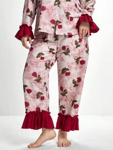 Slumbrini 大码女式撞色荷叶边翻领长袖上衣和裤子睡衣套装，玫瑰花印花，秋冬服装 - 酒紅色 - 查看 7