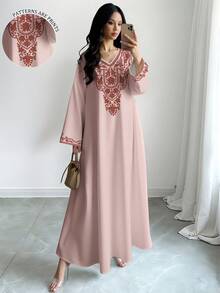 SHEIN Najma 女士复古花卉数码印花V领长袖优雅阿拉伯连衣裙 春秋季 - 彩色 - 查看 1