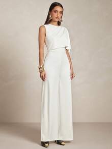 Silquee Women's Asymmetrical Shawl Collar Ribbon Round Neck Jumpsuit, Spring/Summer - Apricot - View 6