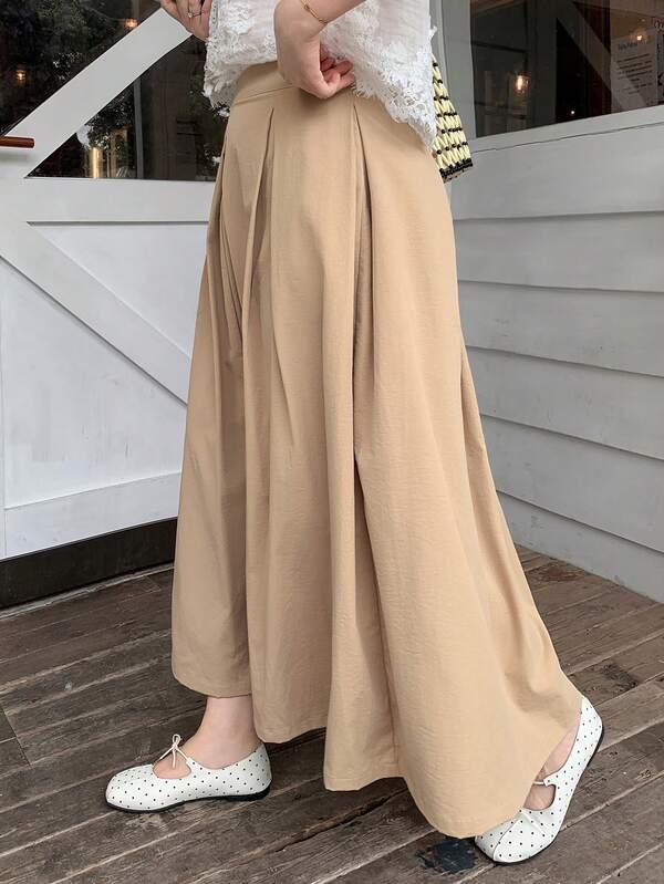 Dazy Plus Khaki High Waist Pleated Umbrella Skirt Long Spring/Autumn New Style Skirt