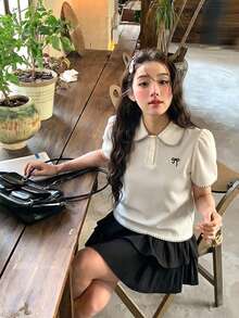 DAZY 女款韓式休閒短袖領口T恤可愛上衣 - 白色 - 查看 1