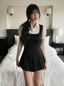 DAZY 女款翻領 2 合 1 休閒韓風短袖 T 恤 夏季 - 深灰色 - 查看 4