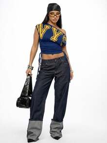 SUMWON WOMEN Off-Shoulder Ruched Side Drawstring Crop Top With NYC Varsity Letter Print - Navy Blue - View 5