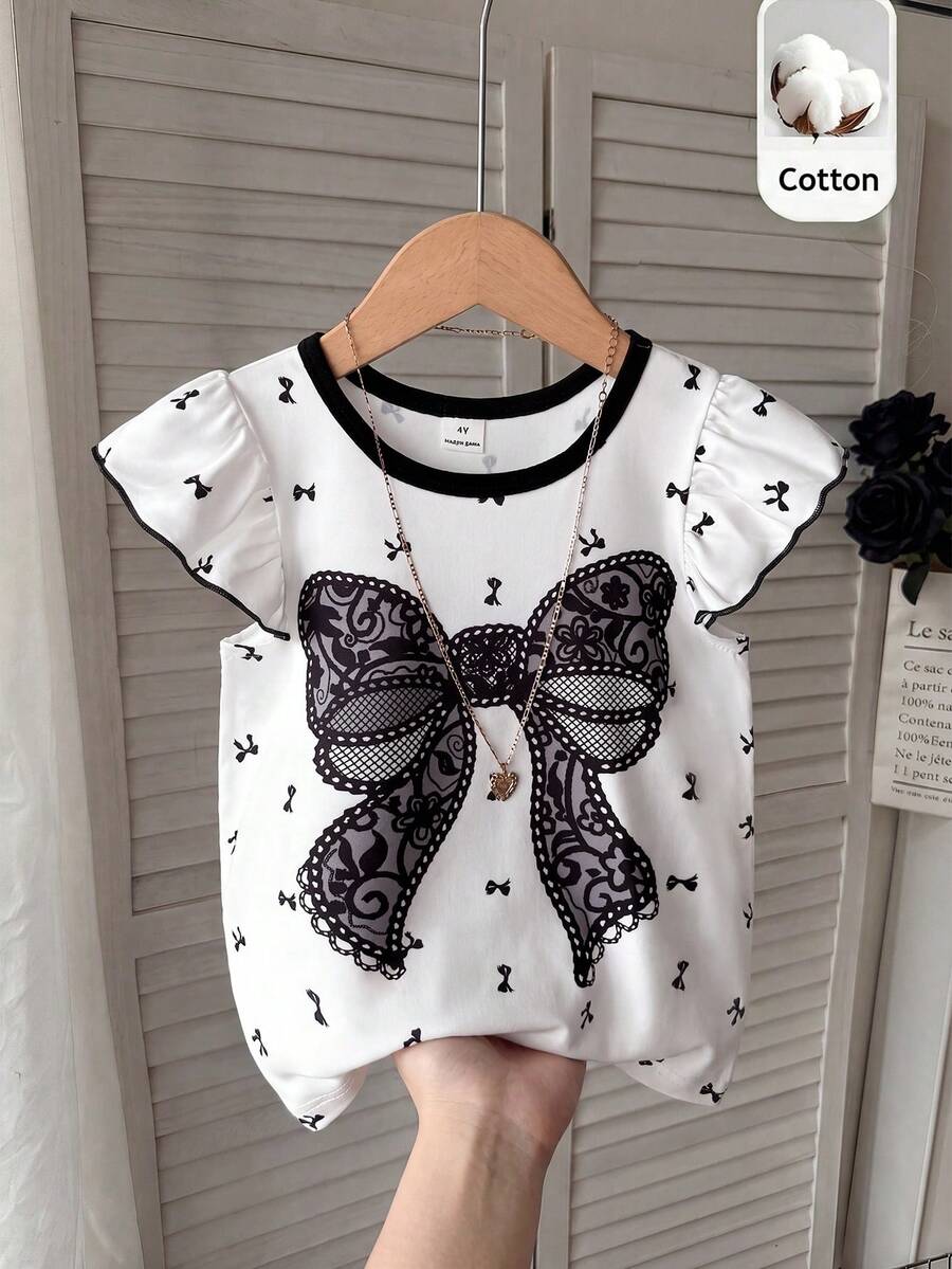 SHEIN Elladie kids Young Girl' Cute Ruffle Trim Short Sleeve T-Shirt, Suitable For Daily Outings And Vacation, Summer - White - View 1