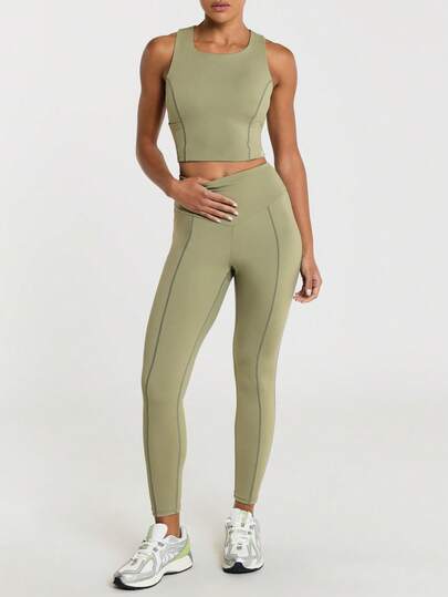 11SKNDS High Waist Full Length Leggings With Contrast Seam Stitching V-Back Waistband Crossover Detail Slim Fit Ankle Length Active Pants