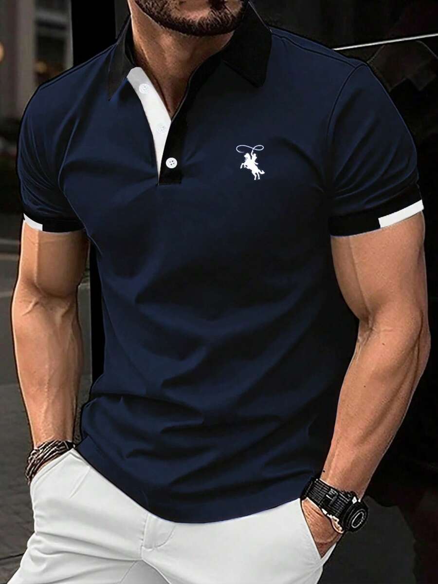 Calvornis 男士騎士圖案休閒通勤短袖 Polo 衫 - 藏蓝色 - 查看 1