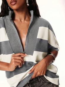 Denimoi Oversized Stripe Polo Shirt Fashion Tops Stripe Tops Everyday Wear Polo Tee Streetwear - Light Grey - View 2