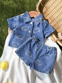 Vintaside Kids Newborn Cute Bear Head Print Soft Denim Collared 2 Pieces Set, Casual & Fashionable Summer Outfit - Blue - View 4