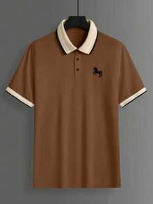 Calvornis Men's Beaded Ribbed Collar Embroidered Short Sleeve Casual Polo Shirt - Rust Brown - View 5