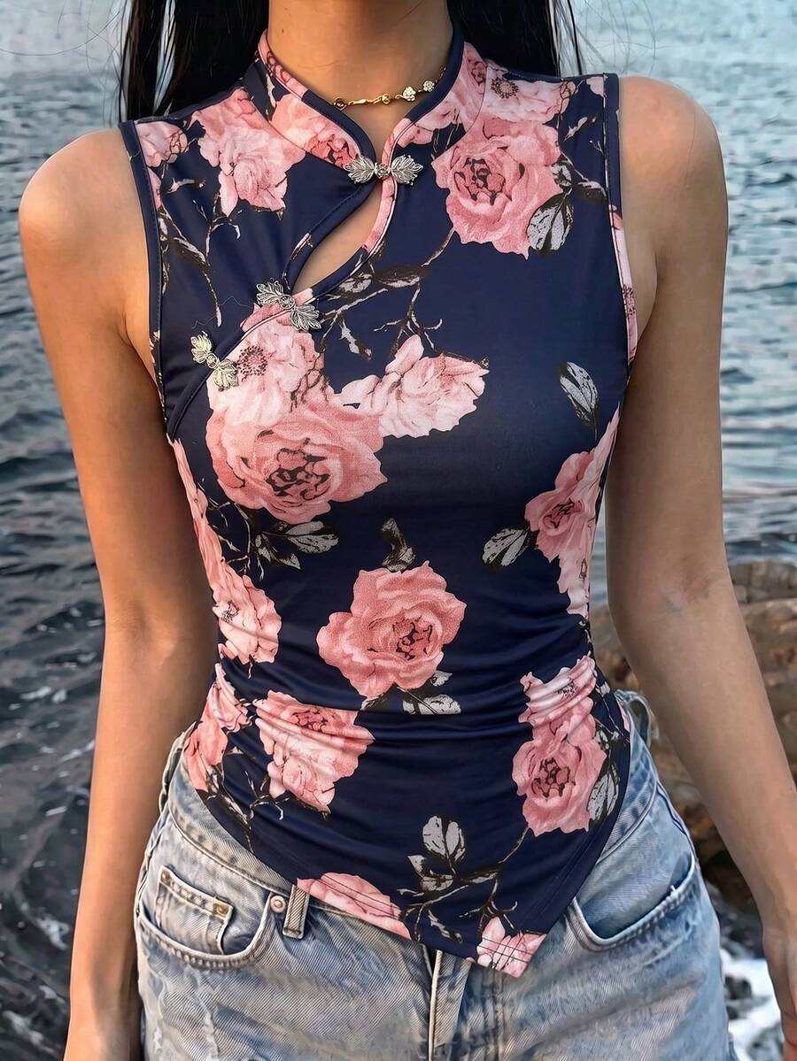 SHEIN 女款夏季休閒花卉印花背心上衣 - 藏蓝色 - 查看 1
