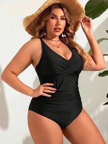 Swim Lushoire Conjunto de Tankini de unicolor para Mujer Talla Grande con Top de Camisola para Playa de Verano - Negro - Ver 4