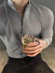 DAZY Slim Fit Half-Button Grey Letter Embroidery Raglan Sleeve Men's T-Shirt - Grey - View 5