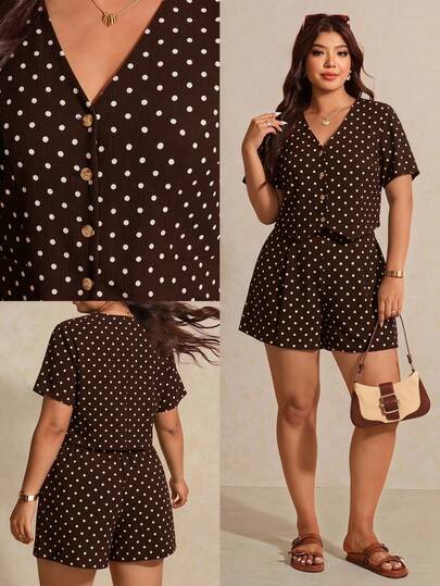 Melodosi Plus Size Polka Dot Print Shirt & Shorts 2 Pieces Set