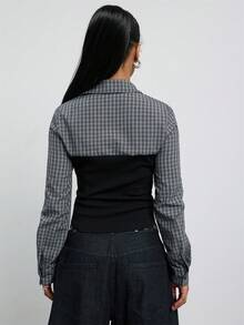 COUREZ 長袖雙層格紋襯衫附束腰 /Y2K可愛上衣 秋季穿搭 外出上衣 秋季女裝 秋季服飾 秋季女裝套裝 - 黑色 - 查看 3