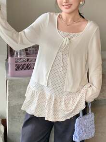 Dazy Plus Cardigan Kasual Lengan Panjang Warna Polos dengan Ikatan Depan, Motif Polkadot Kecil Modis, dan Hiasan Rumbai, Camisole Panjang, Set 2 Potong untuk Musim Semi, Musim Panas, Musim Gugur, Atasan yang Lucu - Aprikot - View 5