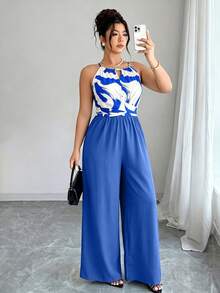 SHEIN LUNE Women's Plus Size Spring/Summer Elegant Wrap Tie Striped Colorblock Loose Straight Leg Jumpsuit - Multicolor - View 6