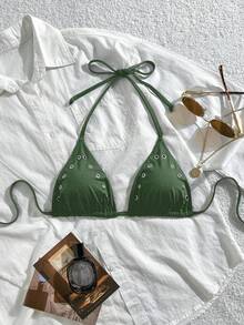 Oceva 女款夏季海灘度假極簡純色孔眼細節露背繫帶比基尼上衣 - 綠色 - 查看 9