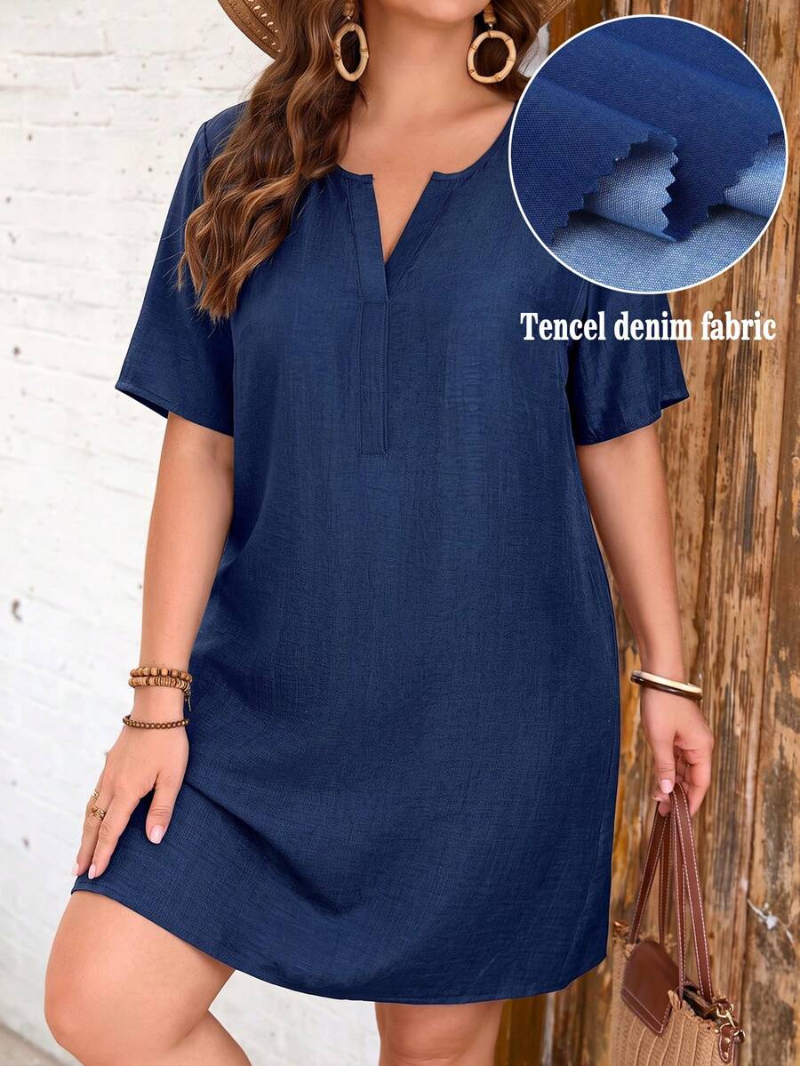 EMERY ROSE Vestido de lino sintético cómodo de manga corta con decoración de parche en el hombro y botones, talla grande, ropa de mujer para primavera y verano - Azul - Ver 1