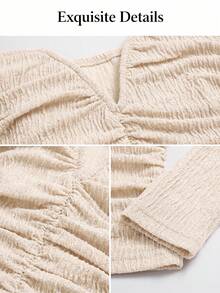 SOLERSUN Off Shoulder Ruched Crop Tee For Women, Textured Long Sleeve Slim Fit Sweetheart Neck T-Shirt - Apricot - View 9