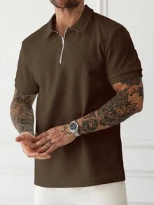 Manfinity Homme Men's Solid Color Short Sleeve Zipper Design Casual Commute Polo Shirt - Coffee Brown - View 3