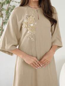Al Najma Women's Elegant Arabian Dress With 3D Floral Decor And Raglan 3/4 Sleeves - Khaki - View 5