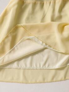 Teen Girl Sweet Solid Color Cold Shoulder Ruched Halter Neck Dress, Bodycon, Glow, Lantern, Square, Midi - Yellow - View 7