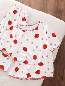 Genkimix Kids Tween Girls Pajamas Summer Sweet Red Strawberry Print Knit Round Neck Contrast Color Frill Trim 2 Pieces Set Loungewear Sleepwear - Multicolor - View 6