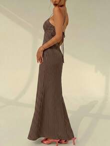 Aloruh Spring/Summer Brown Striped Print Vacation Spaghetti Strap Tie-Up Fitted Sexy Women's Dress, Early Autumn Versatile Inner Layer Dress - Brown - View 8