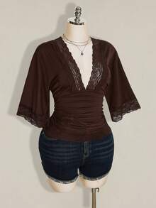 SHEIN ICON Women's Plus Size Retro Sexy Millennial Style Y2K Simple Casual Elegant Commuter Urban Modern Lace P - Brown - View 7