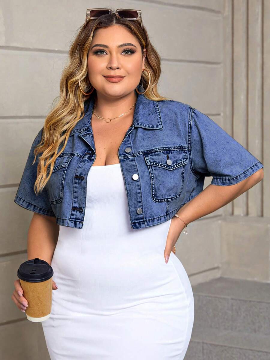 SHEIN ICON Plus Size Women's Single-Breasted Casual Versatile Everyday Denim Top - Dark Wash - View 1